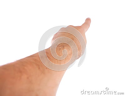 First person view of an isolated mans hand pointing front with a finger Stock Photo