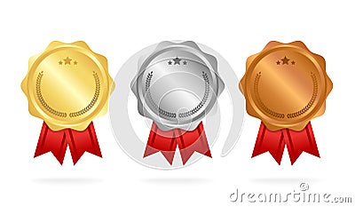 First place. Second place. Third place. Award Medals Set isolated on white with ribbons and stars. Vector illustration Cartoon Illustration