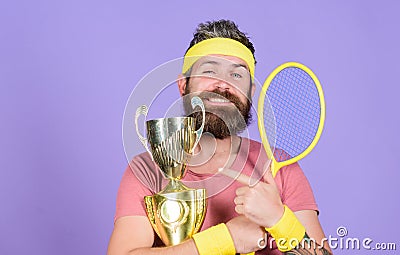 First place. Sport achievement. Tennis champion. Win tennis game. Celebrate victory. Athletic man hold tennis racket and Stock Photo