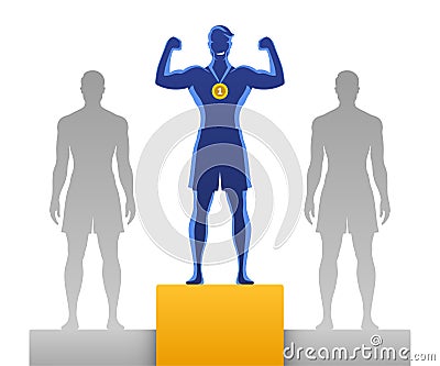 First place winner man, standing with competitors. Vector Illustration