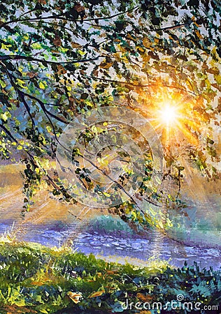 First rays of sun dawn sunset in the foliage of tree branches - fragment of acrylic painting. Stock Photo