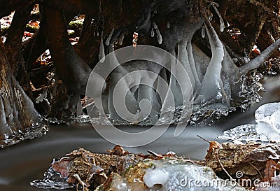 First realy cold weather freezes creek water Stock Photo