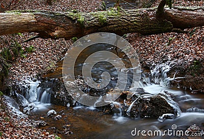 First realy cold weather freezes creek water Stock Photo