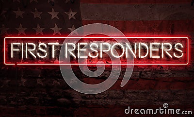 First Responders Patriotic Neon Sign On Brick American Flag Stock Photo