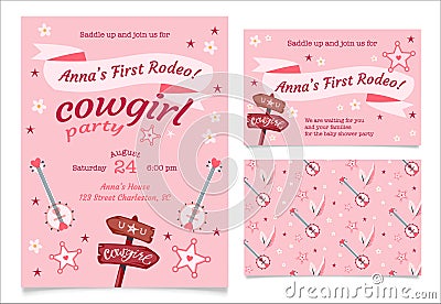 First rodeo cowgirl party pink invitation cards. Vector Illustration