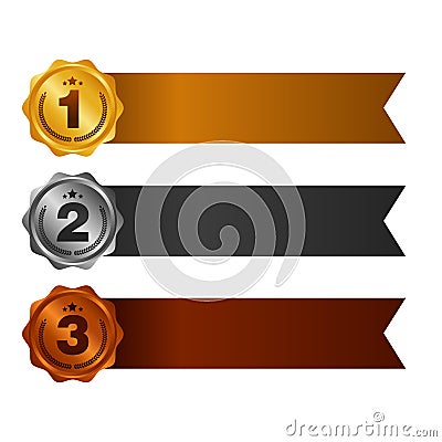 First place. Second place. Third place. Award Medals Set isolated on white with ribbons and stars. Vector illustration. Cartoon Illustration