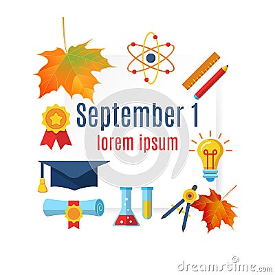 First September banner with school supplies Vector Illustration