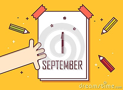 First september. Hand with calendar and colored pencils. Vector Illustration