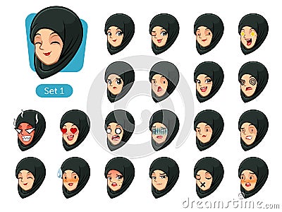 The first set of muslim woman in black hijab cartoon avatars Vector Illustration