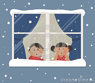 First snow. Children looks at the snow through the window Vector Illustration