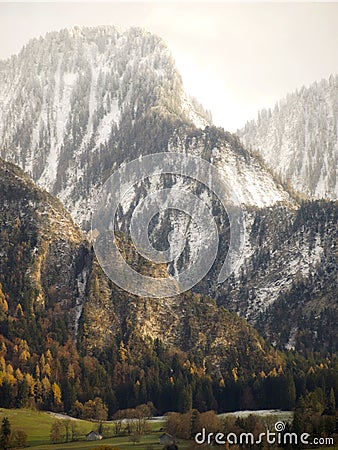 First snow in Landquart mountains in Switzerland. Stock Photo