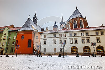 First snow in a small market in Krakow, Poland Editorial Stock Photo