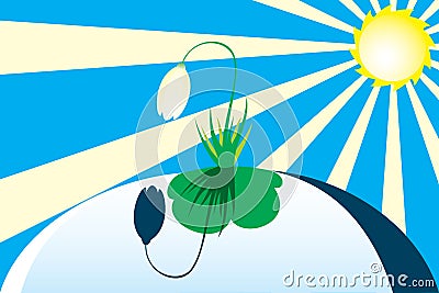 First snowdrop flower under spring sun. Vector Illustration