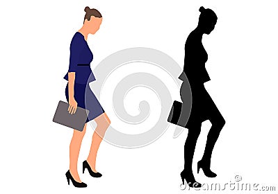 First step of businesswoman in career. Woman hold documents in hands. Color and black silhouette, flat design. Vector illustration Vector Illustration