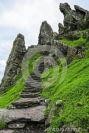 First of 600 steps ascending to Skellig Michael, well-preserved ancient Irish Christian monastery. Stock Photo