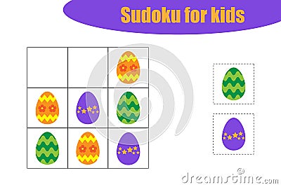 First Sudoku game with easter eggs for children, easy level, education game for kids, preschool worksheet activity, task for the Stock Photo