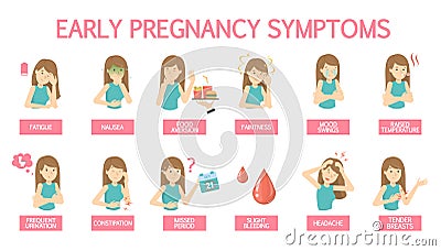 First symptoms of pregnancy. Sickness and constipation Vector Illustration