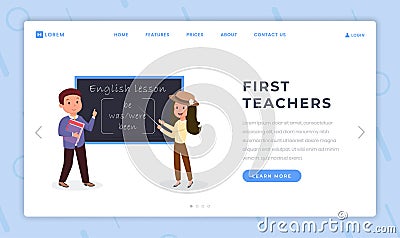 First teachers landing page flat template. English classes and foreign language courses website homepage layout. Tutor Vector Illustration