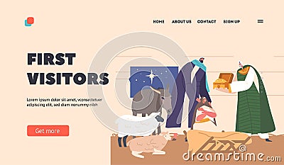 First Visitors Landing Page. Magician Follows Star To Jesus Birth. Magi Bring Gold To Jesus in Barn with Mary and Josef Vector Illustration