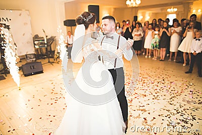 First wedding dance of newlywed couple in restaurant Editorial Stock Photo