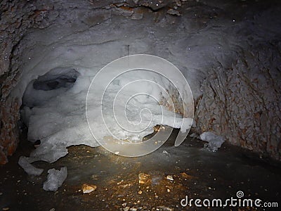 First world war tunel with ice at tofana di dentro in dolomites Stock Photo