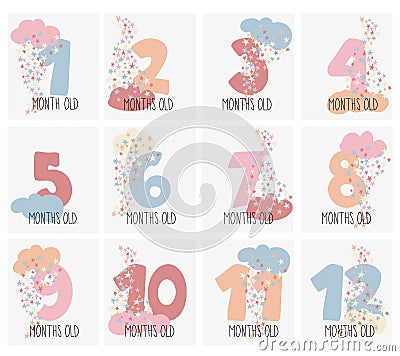 First year baby sticker set with numbers, stars and clouds. Vector Illustration