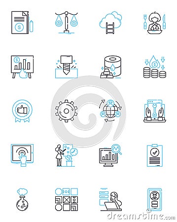 Fiscal expansion linear icons set. Stimulus, Investment, Inflation, Employment, Economic growth, Demand, Taxation line Vector Illustration