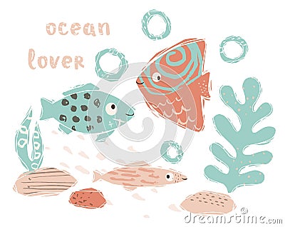 Fish baby cute print. Sweet sea animal. Ocean lover - text slogan. Vector Illustration