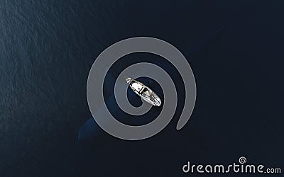 Fish boat floats near big whale in blue ocean Stock Photo