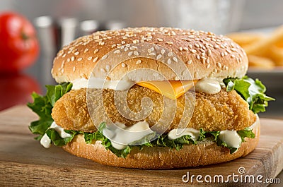 Fish burger with cheese, lettuce, and mayonnaise. Stock Photo