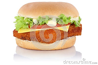 Fish burger fishburger hamburger cheese isolated Stock Photo