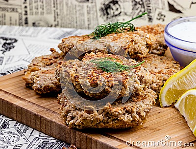 Fish cakes with lemon garlic aoli. Calgary Alberta Canada Stock Photo