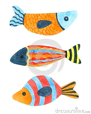Fish cartoon watercolor on white background , Cartoon Hand drawn character for Kids, Greeting Card Vector Illustration