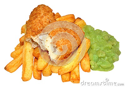Fish And Chips With Mushy Peas Stock Photo
