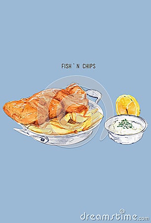 Fish and chips sketch .British cuisine. Street food series. Great for market, restaurant, cafe, food label design. Vector Illustration