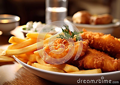 Fish and chips traditional english food.Macro.AI generative Stock Photo