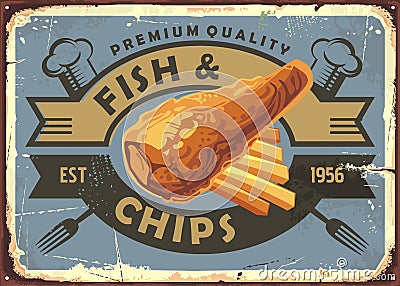 Fish and chips vintage restaurant advertising sign Vector Illustration