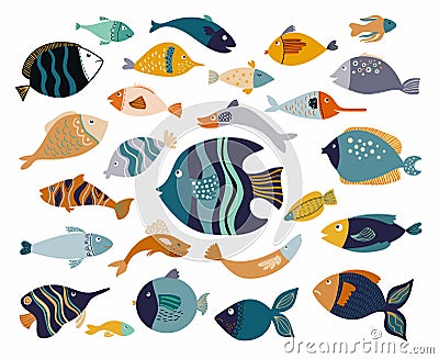 Fish collection with different decorative items isolated on white Vector Illustration