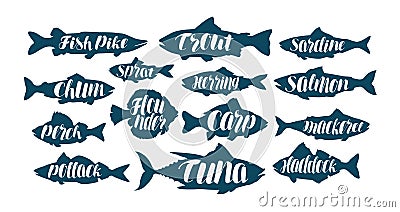 Fish, collection labels or logos. Seafood, food, fishing, angling set icons. Handwritten lettering, calligraphy vector Vector Illustration