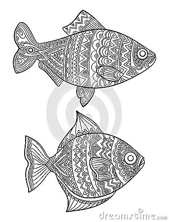Fish coloring pages. Fashion drawing ocean animals drawings for adults books linear art vector line Vector Illustration