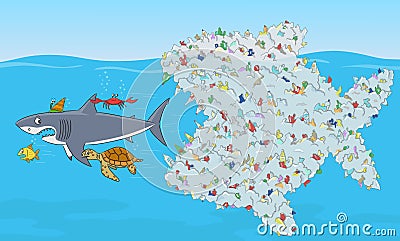 Fish composed of plastic waste. Stop ocean plastic pollution. Vector Illustration