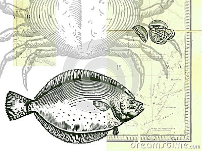 Fish; crab and sliced lemon; with a map Stock Photo