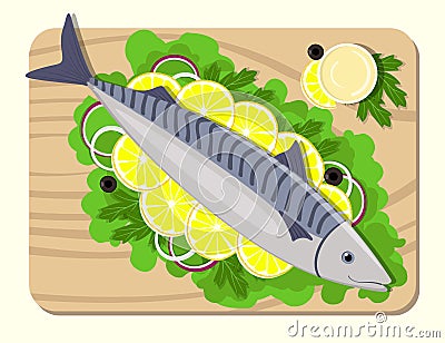 Fish on a cutting board with lemon slices, lettuce leaves, onion, sauce, parsley. Cooking of mackerel. Vector flat illustration. Cartoon Illustration