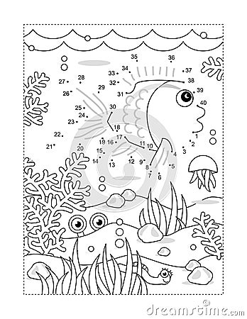 Fish dot-to-dot activity and coloring page. Full-page underwater scene. Math basics for kids. Stock Photo