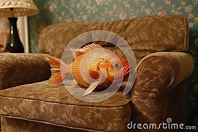 A fish dressed in casual clothes lies in a sofa at a home, concept of Surrealism, created with Generative AI technology Stock Photo