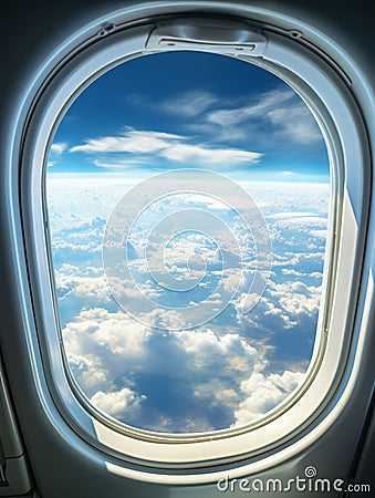 airplane window view to a blue cloudy sky Stock Photo