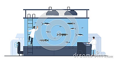 Fish farm concept. Seafood aquaculture, valuable breeds artificial breeding and cultivation, eco systems, care and Cartoon Illustration