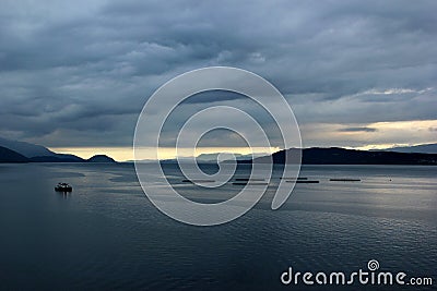 Fish farms in Hardanger fjord, Hordaland county, Norway. Stock Photo