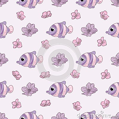 FISH FLOWER Decorative Vector Illustration Seamless Pattern for Print Stock Photo