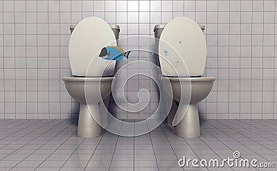 Fish flying between toilets Stock Photo
